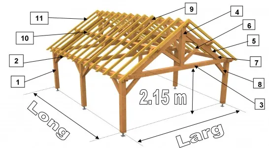 Schéma d’assemblage : pièces numérotées, assemblages à tenons et mortaises chevillés.